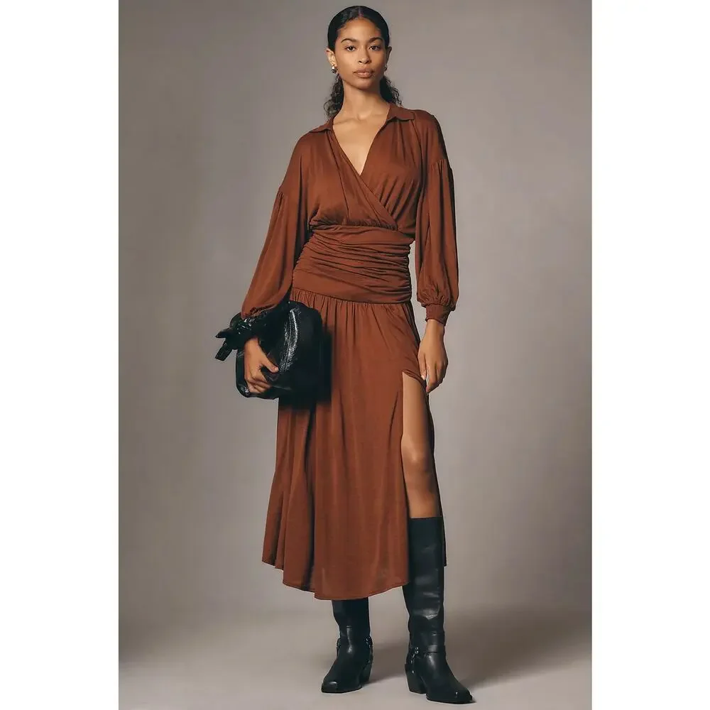 Anthropologie Maeve Ruched Wool Blend Midi Dress Brown Size M NWT